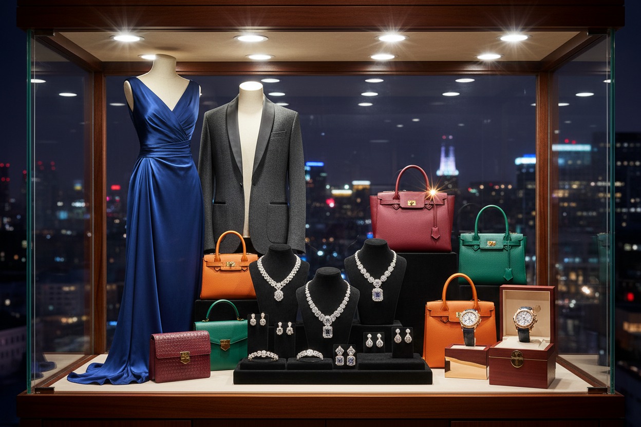 A well-lit luxury display case showcases a blue evening gown, a grey blazer, diamond necklaces, watches, and handbags against a blurred city skyline at night.
