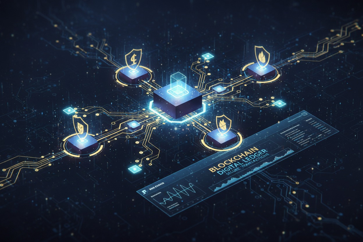 An abstract digital graphic illustrates a blockchain network with interconnected nodes and glowing circuit lines against a dark blue background.
